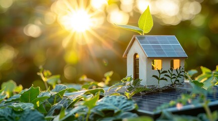 A model house with a green leaf on the roof is placed next to solar panels with a bright, sunlit background, symbolizing eco-friendly energy solutions for smart homes