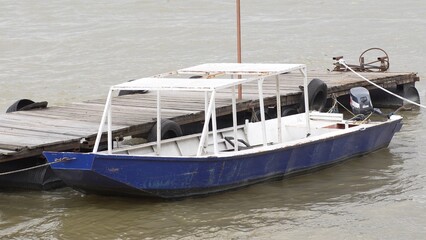 Moored Boat by the Danube River Dock in Belgrade.