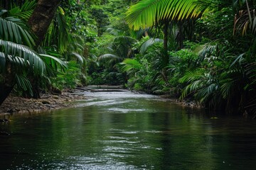 Obraz premium A river cascades gently through a dense, lush green forest, surrounded by towering trees and vibrant vegetation, A quiet river meandering through a thick rainforest, AI Generated