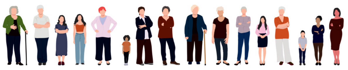 Group of women. Different age group of women standing in row. elderly women, young kids and adults standing together. 