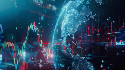 Abstract futuristic stock graph silhouette digital world map.