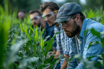 Naklejka na ściany i meble Team of agronomists conducting research in greenhouse and field. Agricultural science and precision farming concept. Scientists in protective gear examining plants
