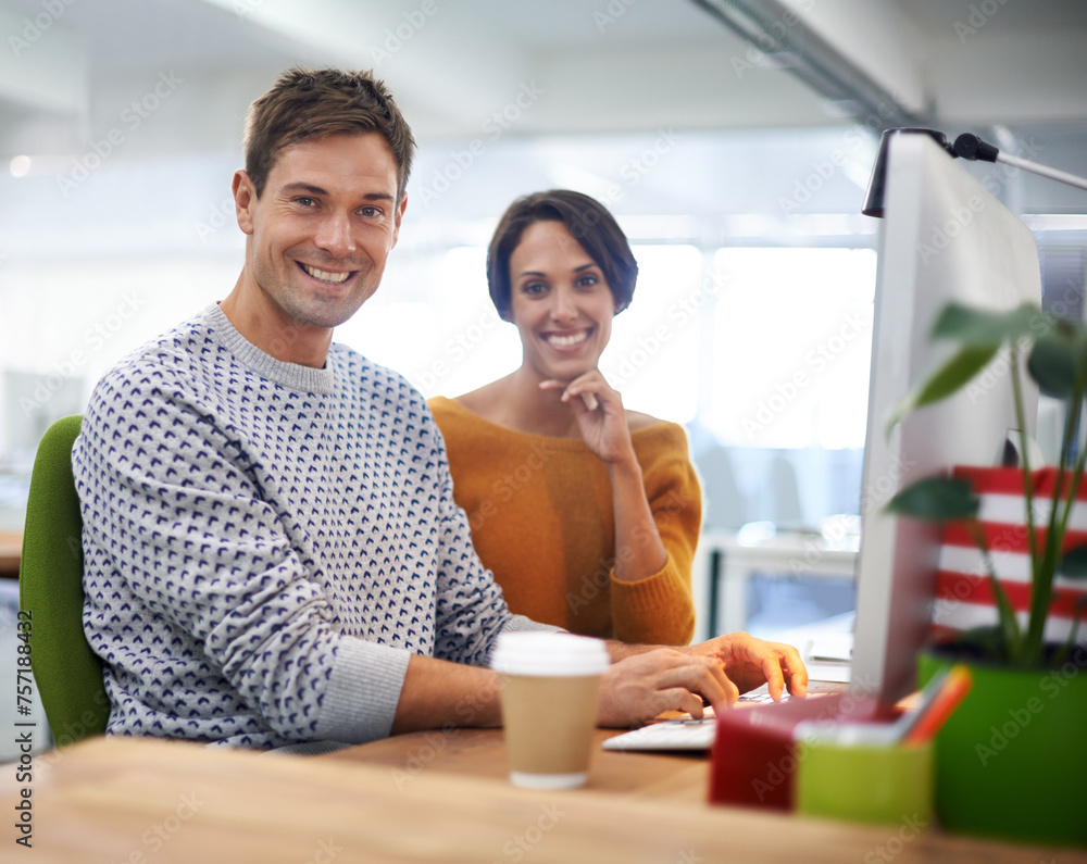 Poster computer, smile and portrait of business people in office of startup company with creative career. d