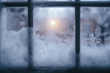 A window covered in a layer of snow and icicles hanging from the edge, A raging blizzard seen through a frosted window, AI Generated - obrazy, fototapety, plakaty