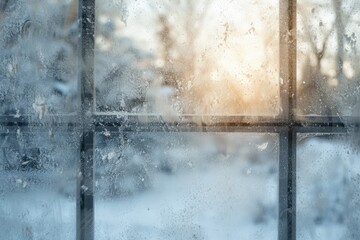 A close-up photo of a window covered in frost, showcasing delicate ice formations and patterns, A raging blizzard seen through a frosted window, AI Generated - obrazy, fototapety, plakaty