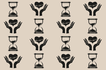 Celestial Magic seamless pattern in trendy Grunge retro style. Mystical wallpaper design. Black hand holding heart sandglass silhouette. T-shirt textile print. Vector illustration EPS 10 Editable  