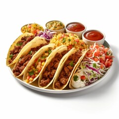 A plate of freshly made tacos with a variety of fillings, toppings, and sauces, isolated on white background