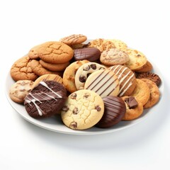 A plate of freshly baked cookies, with a variety of shapes, sizes, and colors, isolated on white background