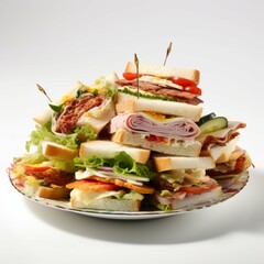 A plate of freshly made sandwiches with a variety of fillings and toppings, isolated on white background