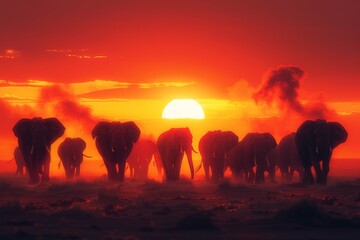 Fototapeta na wymiar Herd of elephants walking at sunset creating a silhouette contrasting with the horizon
