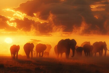 Fototapeta na wymiar Herd of elephants walking at sunset creating a silhouette contrasting with the horizon