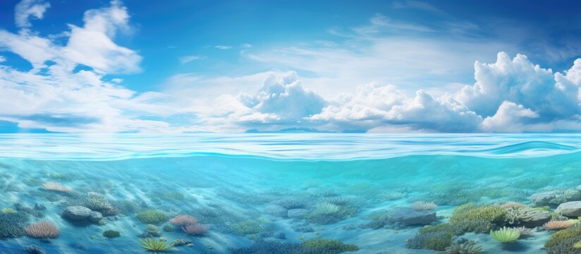 An art piece depicting a coral reef in the ocean under a cloudy sky, showcasing the fluidity of water against a natural landscape with cumulus clouds and a distant horizon