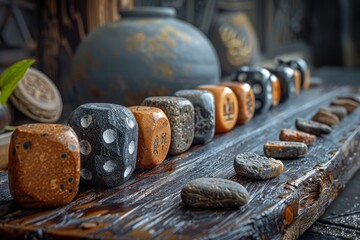 Artistic dice and stones lineup on a wooden board with traditional motifs