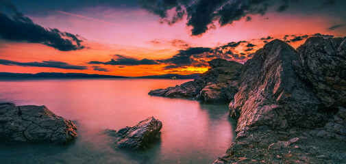 scenic croatian coast, Rijeka resort, Kosterena beach, Istria, Europe, spectacular sunset view	