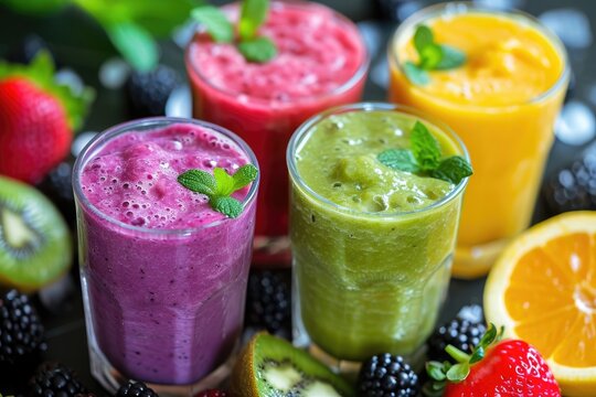 A close-up photograph showcasing three glasses filled with delicious and colorful fruit smoothies, A refreshing image of ice-cold smoothies in a variety of flavors, AI Generated