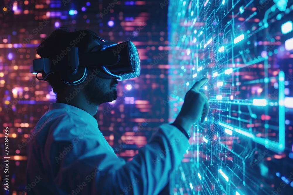 Aufkleber man wearing virtual reality headset in front of computer screen, a researcher analyzing big data in 