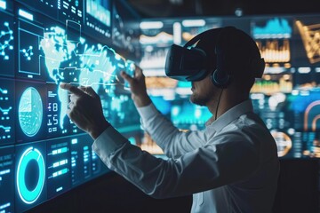 A man is seen wearing a virtual reality headset while sitting in front of a computer screen, A researcher analyzing big data in a virtual reality setting, AI Generated