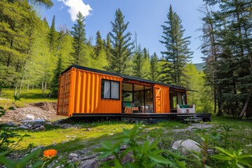Modern Small House Built With Shipping Containers in Suburban Neighborhood, A repurposed shipping container home in a wilderness setting, AI Generated