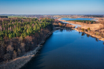 Beautiful aerial landscape of the lakes and forests of Kociewie in northern Poland at spring. - 757189275
