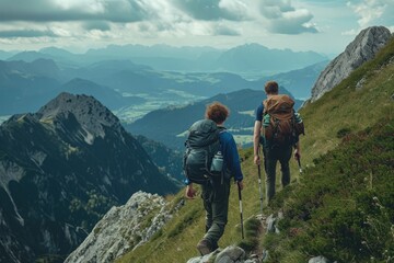 Two Hikers Uphill With Backpacks on a Mountain Trail, A rewarding mountain hiking experience featuring two friends and their strong camaraderie, AI Generated - obrazy, fototapety, plakaty