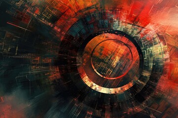 A vibrant abstract painting showcasing a bold circular design with dynamic colors and precise...