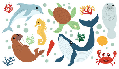 Obraz premium Set with hand drawn sea animals. Turtle, whale, dolphin, walrus, manatee, seahorse, coral, shellfish. Cartoon underwater world.