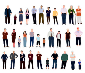 Multiethnic group of people. Society, multicultural community portrait and senior citizens. Young, adult and elder people vector illustration. Various age group of people of different races.