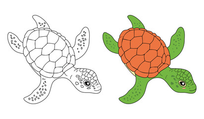 Coloring page with cartoon turtle. Cute sea animal vector illustration 