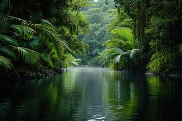 A peaceful lake reflecting the vibrant green foliage that surrounds it, creating a harmonious...