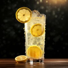 A tall glass of ice cold lemonade with a slice of lemon on the rim