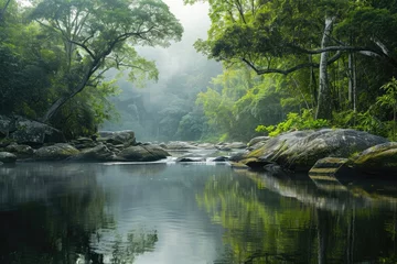 Fototapete Waldfluss A serene lake nestled between a lush forest and rugged rock formations, A river flowing calmly through a secluded rainforest, AI Generated