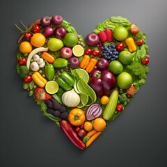 A colorful array of fruits and vegetables arranged in a shape of a heart