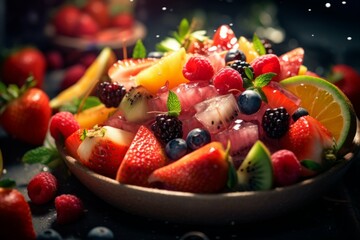 A colorful and vibrant fruit salad with a variety of fruits, including watermelon, kiwi, and strawberries