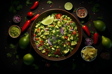 A bowl of freshly made guacamole with a variety of different types of ingredients, arranged in a decorative pattern