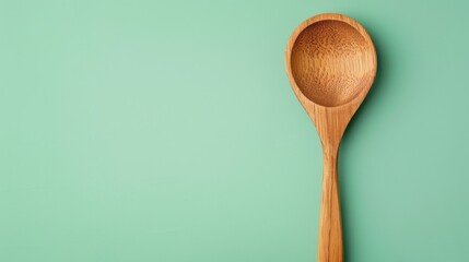 A wooden spoon rests gracefully on a vibrant green background