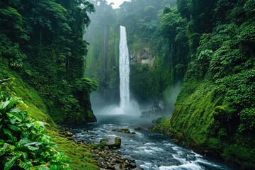 A stunning view of a large waterfall cascading through a thick, vibrant green forest, A river flowing into a waterfall in a rainforest, AI Generated