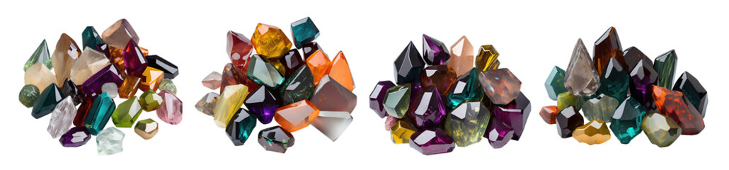 Collection of shining acrylic jewels in different colours isolated on transparent background. Generative AI