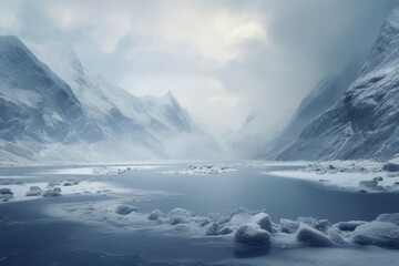 Fototapeta na wymiar A foggy mountain lake surrounded by snow-covered peaks