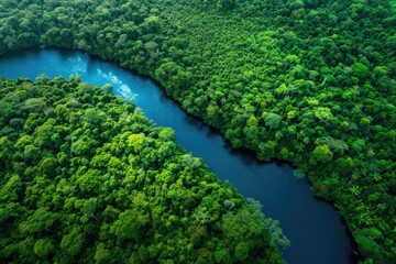 A meandering river winds its way through a dense green forest, creating a stunning natural landscape, A river surrounded by vibrant green rainforest, AI Generated