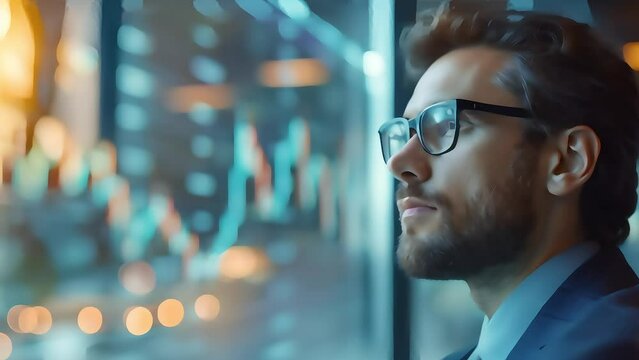 Thoughtful businessman looking through window in office with city lights in background, concept of ambition and leadership.