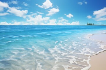 A colorful, vibrant beach with white sand, clear blue water, and a bright, sunny sky