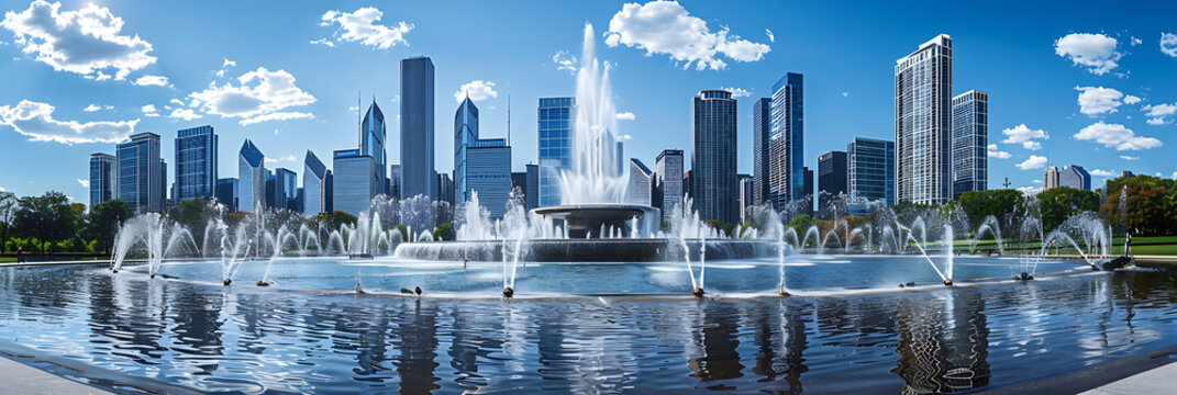 A futuristic cityscape with sleek skyscrapers reflected in the shimmering waters of a modern outdoor fountain
