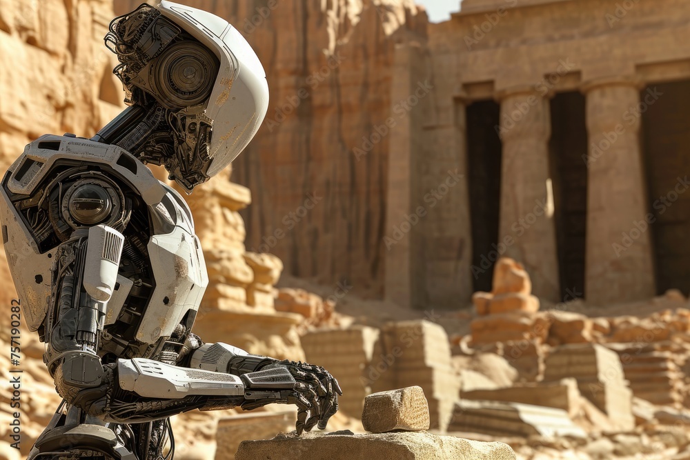 Poster a robot with its legs folded is perched on top of a rock, situated in front of a building, a robot a