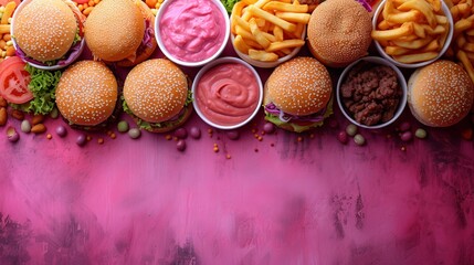 hamburgers and a portion of fries on the table, fresh vegetables and herbs.
Concept: fast food restaurant, educational materials about healthy eating and its alternatives, culinary blogs - obrazy, fototapety, plakaty