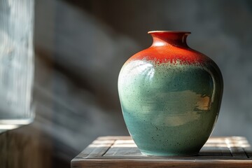Elegant ceramic vase on wooden table against shadowed backdrop
