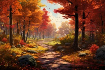 a vibrant and colorful autumn forest with a variety of trees in full fall foliage