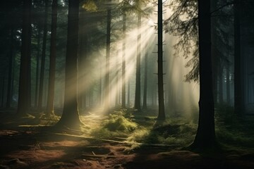 a beautiful and mysterious forest with fog and sunlight