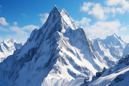 a snow-covered mountain peak with a bright blue sky in the background