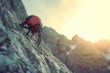 A determined man wearing climbing gear is seen ascending a steep pathway on the side of a rugged mountain, A robot climbing up a mountain, AI Generated - obrazy, fototapety, plakaty