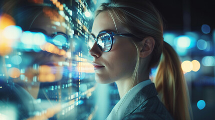 In a futuristic workplace, a forward-thinking businesswoman embraces technology to maximize efficiency.